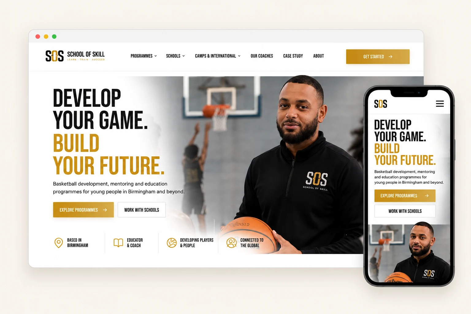 The School of Skill website shown across desktop and mobile screens.