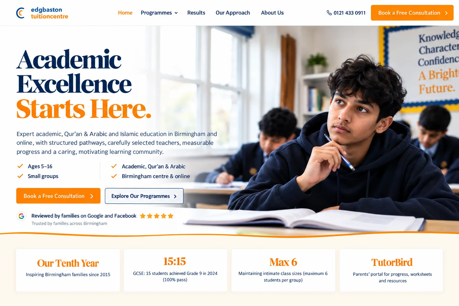 Edgbaston Tuition Centre website first-page design.