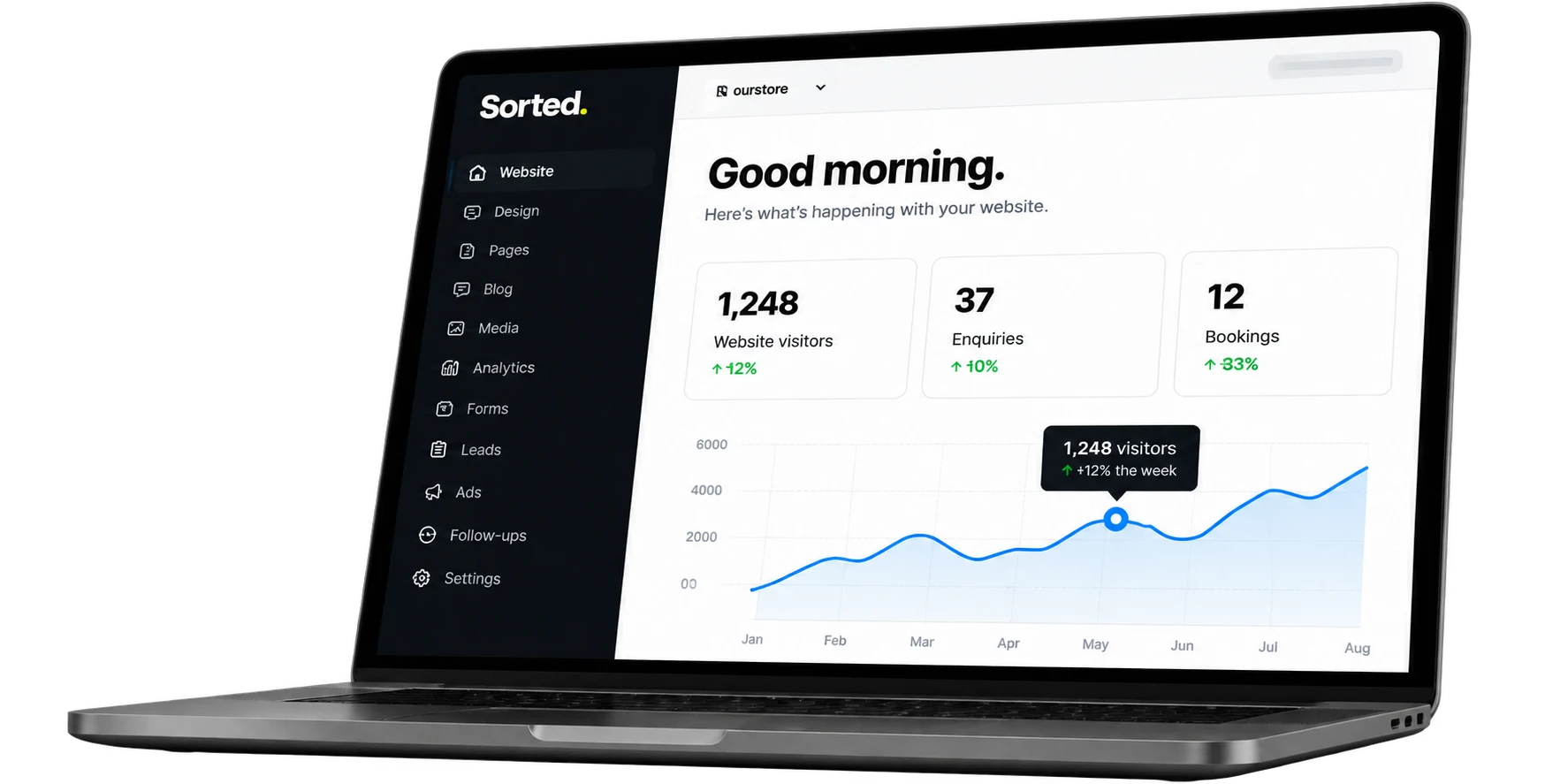 Illustrative laptop showing a business website with booking and reporting panels — not live software.